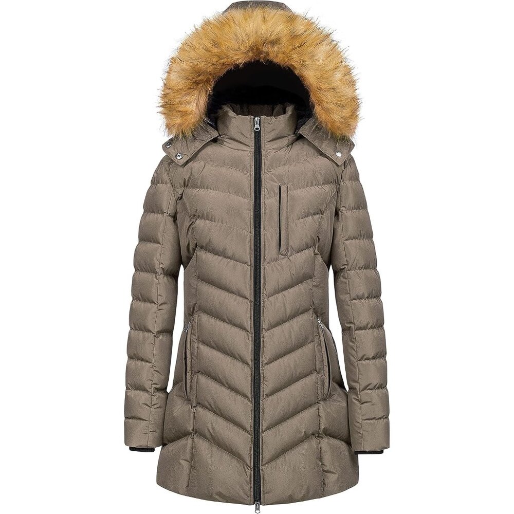 Elegant Women's Waterproof Winter Parka With Faux Fur Trim Hood - Large
